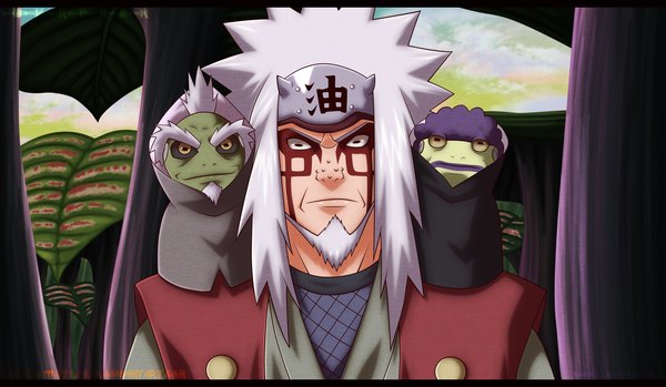 Anime picture 2500x1458 with naruto studio pierrot naruto (series) jiraiya naruto999-by-roker long hair highres smile wide image sky cloud (clouds) white hair traditional clothes japanese clothes black eyes coloring facial mark boy plant (plants) kimono
