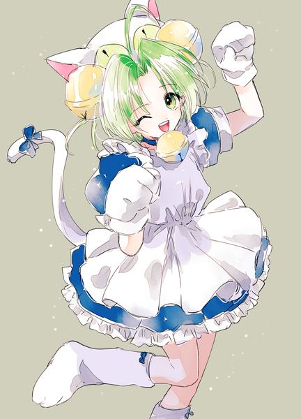 Anime picture 864x1200 with di gi charat madhouse dejiko ahma single tall image looking at viewer short hair open mouth simple background green eyes animal ears ahoge bent knee (knees) tail animal tail one eye closed green hair wink cat ears