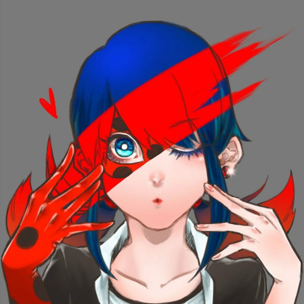 Anime picture 1024x1024 with miraculous ladybug marinette cheng ladybug (character) joker mutsugi kami single long hair blue eyes simple background twintails blue hair red hair one eye closed multicolored hair fingernails grey background two-tone hair low twintails gradient hair girl earrings