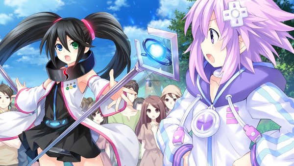 Anime picture 960x544 with choujigen game neptune sega hard girls neptune (choujigen game neptune) sega saturn (sega hard girls) tsunako blush short hair open mouth blue eyes black hair wide image twintails purple eyes brown eyes green eyes payot looking away game cg sky purple hair