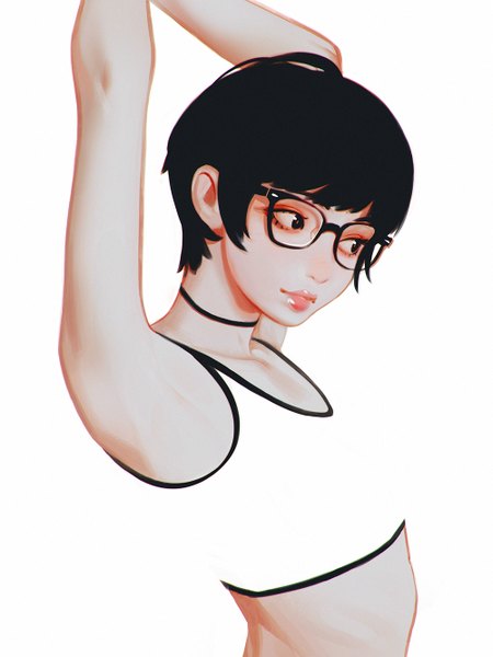 Anime picture 1000x1333 with original ilya kuvshinov single tall image fringe black hair simple background white background looking away lips black eyes arms up bare belly lipstick pink lipstick blending girl choker glasses crop top