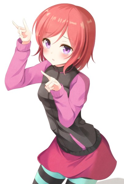 Anime picture 1847x2742 with love live! school idol project sunrise (studio) love live! nishikino maki aibumi single tall image looking at viewer blush highres short hair breasts open mouth simple background white background purple eyes red hair parted lips from above alternate costume