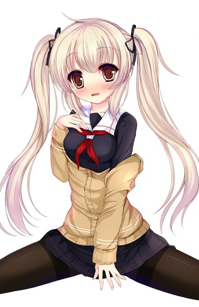 Anime picture 1296x2000 with kantai collection murasame destroyer vivian (lancerhd) single long hair tall image looking at viewer blush open mouth white background twintails brown eyes white hair girl skirt miniskirt pantyhose black pantyhose sailor suit