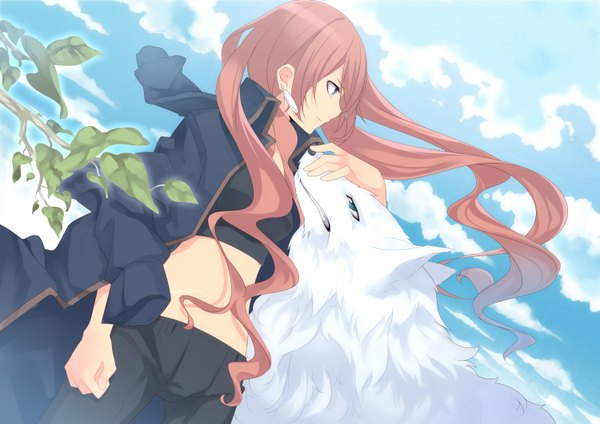 Anime picture 1500x1061 with vocaloid megurine luka sama (artist) long hair blue eyes pink hair cloud (clouds) aqua eyes midriff girl navel animal coat branch dog