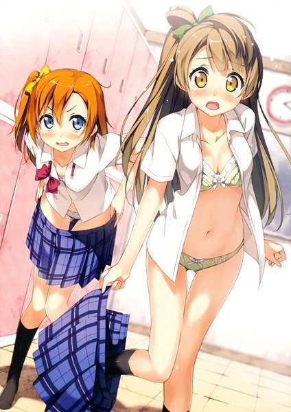 Anime picture 2474x3500 with love live! school idol project sunrise (studio) love live! minami kotori kousaka honoka kantoku long hair tall image blush highres short hair open mouth blue eyes light erotic brown hair multiple girls yellow eyes scan orange hair open clothes