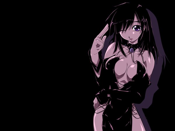 Anime picture 1600x1200 with highres breasts light erotic black hair large breasts purple eyes one eye closed wink wallpaper