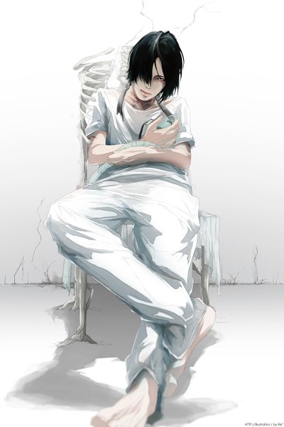 Anime picture 992x1486 with original re (artist) single tall image looking at viewer fringe short hair black hair simple background white background sitting barefoot black eyes hair over one eye bone (bones) crack boy mask