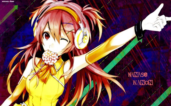 Anime picture 1280x800 with vocaloid nanase kanon single long hair red eyes wide image twintails bare shoulders one eye closed wink short twintails girl headphones lollipop