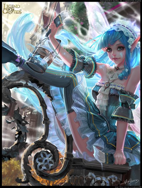 Anime picture 1000x1327 with legend of the cryptids yu-han single tall image looking at viewer blue eyes sitting blue hair very long hair lips pointy ears girl thighhighs dress paint
