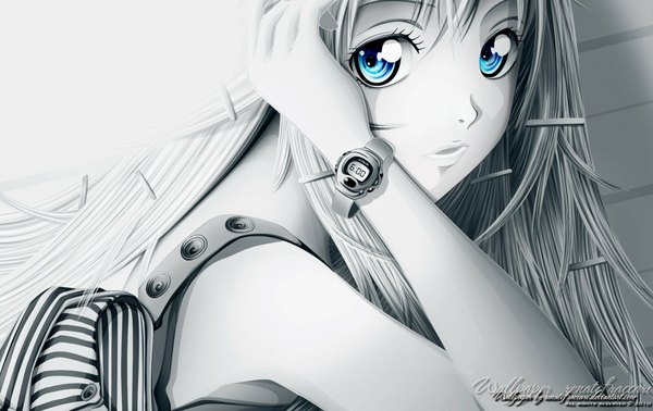 Anime picture 1900x1200 with renatofraccari single long hair looking at viewer fringe highres open mouth blue eyes bare shoulders adjusting hair monochrome girl hair ornament hairclip clock backpack pocket watch