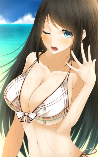 Anime picture 1000x1600 with original karube karu single long hair tall image blush breasts open mouth blue eyes light erotic black hair large breasts cleavage one eye closed wink girl navel swimsuit bikini