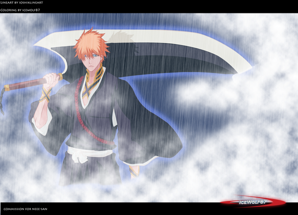 Anime picture 3000x2168 with bleach studio pierrot kurosaki ichigo icewolf87 single highres short hair japanese clothes pink eyes orange hair coloring smoke boy weapon belt kimono huge weapon huge sword