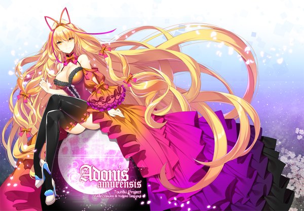 Anime picture 1500x1041 with touhou yakumo yukari roh nam kyung single looking at viewer light erotic blonde hair yellow eyes cleavage very long hair red moon girl thighhighs dress bow ribbon (ribbons) black thighhighs hair bow hair ribbon detached sleeves