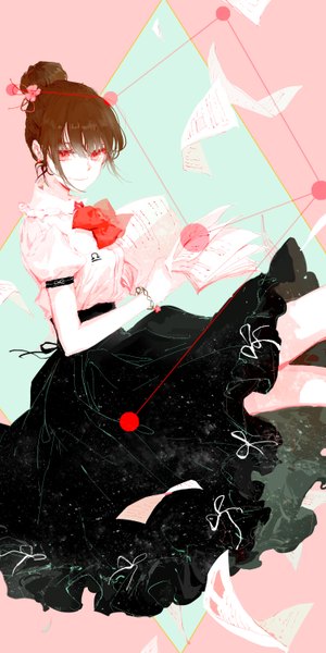 Anime picture 1500x3000 with original moss (2225028) single tall image looking at viewer fringe smile red eyes brown hair hair flower short sleeves hair bun (hair buns) puffy sleeves constellation zodiac libra (zodiac) girl skirt flower (flowers) bracelet