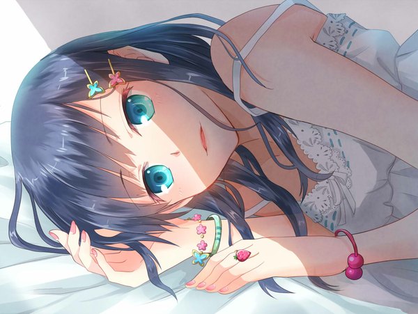 Anime picture 1161x873 with original nekozuki yuki single long hair looking at viewer blue eyes black hair bare shoulders girl hair ornament bracelet hairclip sundress butterfly hair ornament