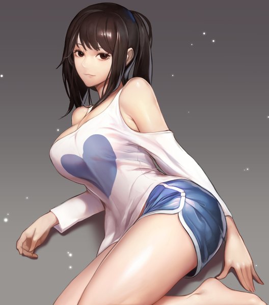 Anime picture 810x920 with dungeon and fighter monaim single long hair tall image looking at viewer fringe breasts light erotic simple background brown hair large breasts bare shoulders brown eyes bent knee (knees) ponytail barefoot light smile arm support bare legs