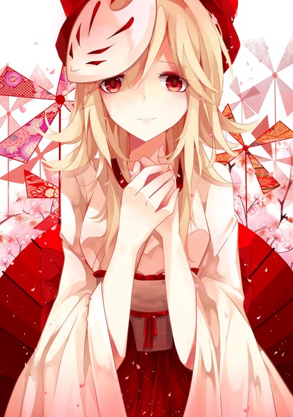 Anime picture 2079x2953 with vocaloid kagamine rin hime (artist) single long hair tall image looking at viewer fringe highres breasts blonde hair smile red eyes traditional clothes japanese clothes wide sleeves alternate costume alternate hairstyle mask on head girl