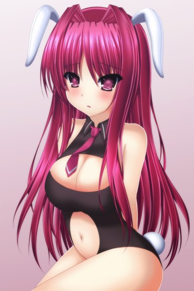 Anime picture 2000x3000 with toyokawa itsuki (p mayuhime) single long hair tall image blush fringe highres breasts light erotic large breasts animal ears pink hair cleavage tail animal tail pink eyes bunny ears bunny girl hands behind back bunny tail