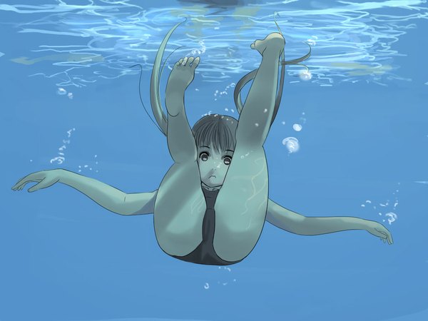 Anime picture 1024x768 with tagme (artist) light erotic barefoot underwater swimsuit one-piece swimsuit school swimsuit