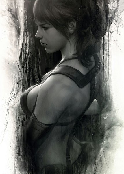 Anime picture 756x1058 with metal gear metal gear solid metal gear solid v: the phantom pain konami quiet (metal gear) artgerm (stanley lau) single tall image fringe short hair breasts light erotic signed looking away upper body traditional clothes japanese clothes profile lips realistic