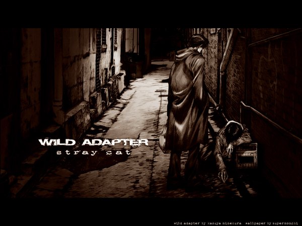 Anime picture 1600x1200 with wild adapter tokitou minoru kubota makoto kazuya minekura supermonchi short hair signed outdoors night multiple boys copyright name monochrome letterboxed hand in pocket third-party edit street boy 2 boys coat