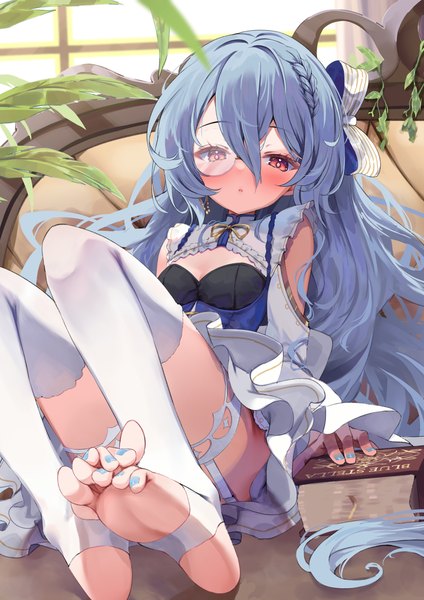 Anime picture 1736x2456 with original nyahu (nyahu 77) single long hair tall image looking at viewer blush fringe highres breasts open mouth light erotic hair between eyes large breasts sitting blue hair cleavage full body bent knee (knees) indoors