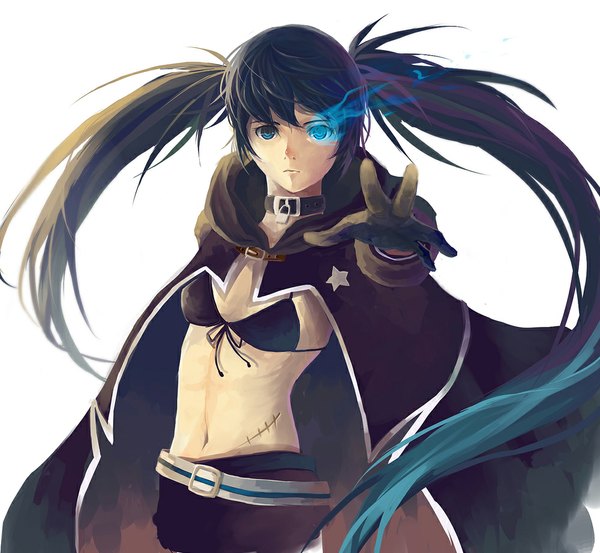 Anime picture 1000x922 with black rock shooter black rock shooter (character) yupi single long hair looking at viewer fringe breasts black hair simple background white background twintails aqua eyes glowing scar glowing eye (eyes) girl gloves navel shorts