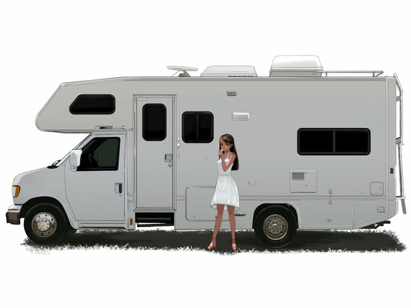 Anime picture 1024x768 with souldeep long hair brown hair bare shoulders brown eyes tan dress food sweets sundress ice cream ground vehicle van rv