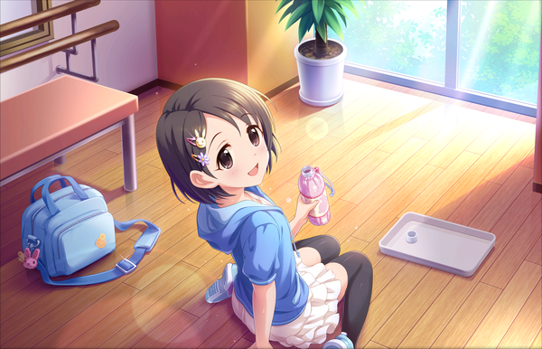 Anime picture 1280x824 with idolmaster idolmaster cinderella girls idolmaster cinderella girls starlight stage sasaki chie single looking at viewer short hair open mouth black hair smile sitting bent knee (knees) black eyes loli step to the future girl thighhighs skirt hair ornament black thighhighs