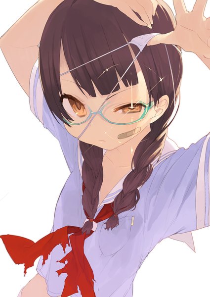 Anime picture 1416x2000 with original noco (adamas) single long hair tall image looking at viewer simple background brown hair white background braid (braids) orange eyes twin braids bandaid on face girl glasses bowtie eyepatch sailor suit bandaid