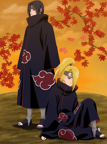 Anime picture 2000x2683 with naruto studio pierrot naruto (series) uchiha itachi deidara eikens long hair tall image fringe highres short hair blue eyes black hair blonde hair red eyes sky cloud (clouds) ponytail nail polish hair over one eye