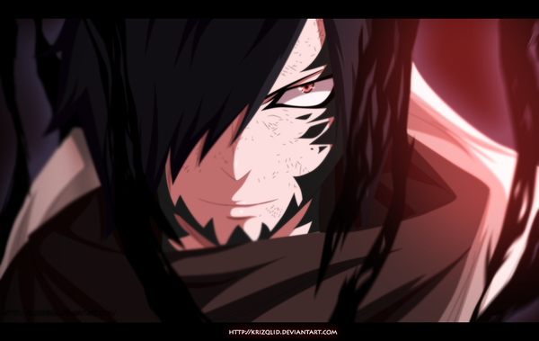 Anime picture 1011x640 with fairy tail rogue cheney krizqlid single fringe short hair black hair red eyes light smile hair over one eye tattoo coloring facial mark close-up face boy