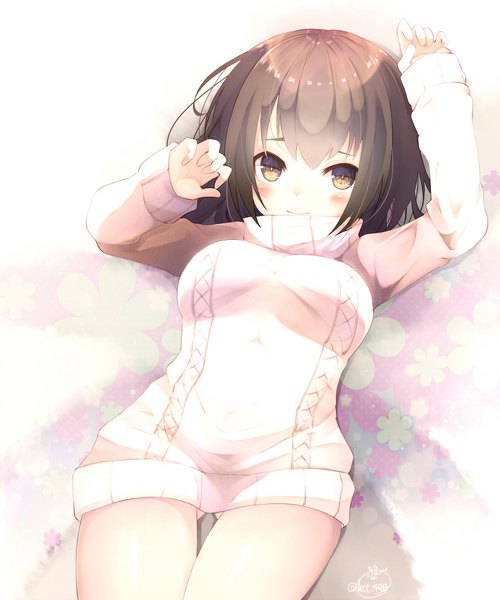 Anime picture 1665x2000 with original chita (ketchup) single tall image looking at viewer blush fringe short hair breasts light erotic hair between eyes brown hair large breasts brown eyes signed lying long sleeves arm up light smile midriff