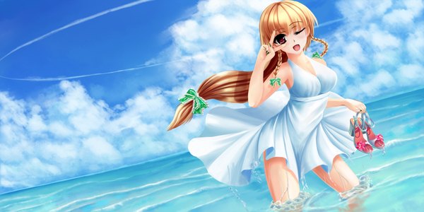 Anime picture 2000x1000 with original furai (blay) single long hair highres open mouth blonde hair red eyes wide image sky cloud (clouds) braid (braids) one eye closed wink twin braids girl bow hair bow water sea