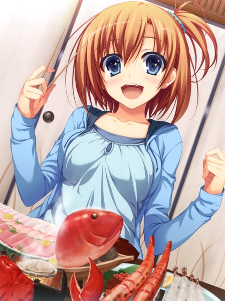 Anime picture 3831x5117 with kimi to issho ni harada taiko tomose shunsaku single tall image blush highres short hair open mouth blue eyes brown hair absurdres long sleeves scan open clothes open jacket one side up happy girl food