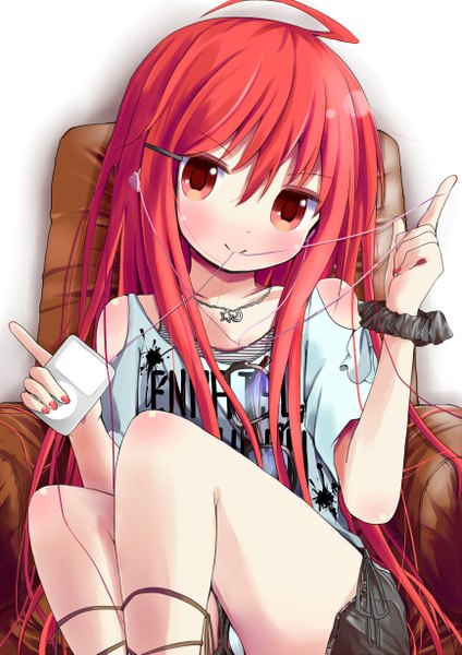 Anime picture 867x1227 with shakugan no shana j.c. staff ipod shana mugichoko (mugi no choko) single long hair tall image looking at viewer blush smile red eyes ahoge red hair girl skirt