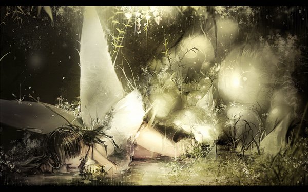 Anime picture 960x600 with original asahiro single long hair fringe black hair bare shoulders lying eyes closed night partially submerged on side light letterboxed rain pale skin sleeping fantasy insect wings butterfly wings