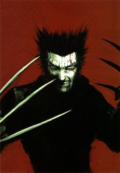 Anime picture 1126x1628 with x-men wolverine wolverine (character) nihei tsutomu single tall image short hair black hair simple background red background orange background boy weapon