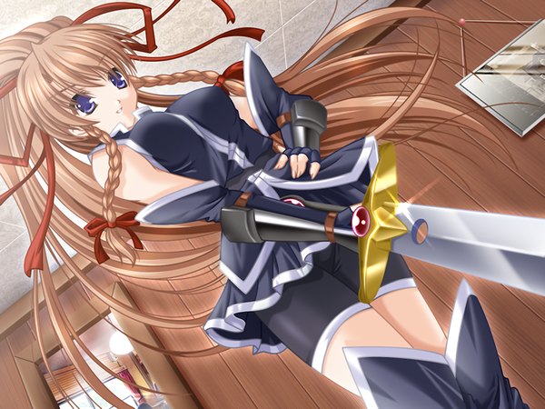 Anime picture 1200x900 with costume player light erotic brown hair purple eyes game cg girl weapon sword
