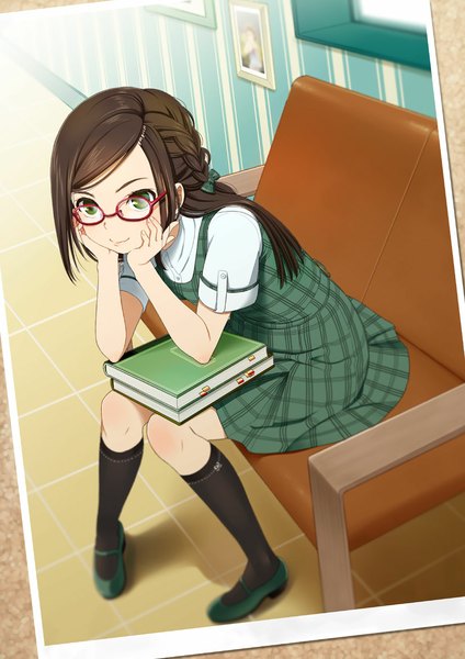 Anime picture 827x1169 with original mattaku mousuke single long hair tall image black hair sitting green eyes light smile girl dress bow hair bow socks glasses book (books) black socks