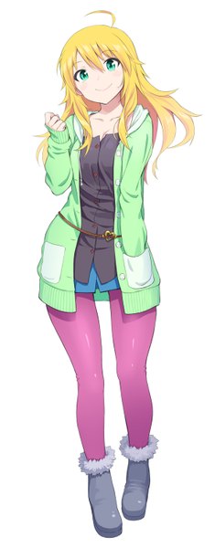 Anime picture 589x1500 with idolmaster hoshii miki mofu single long hair tall image looking at viewer blush blonde hair simple background smile white background green eyes ahoge hand in pocket casual girl skirt miniskirt pantyhose