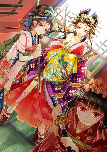 Anime picture 832x1178 with original nekozuki yuki long hair tall image looking at viewer short hair black hair red eyes multiple girls traditional clothes japanese clothes girl hair ornament weapon sword kimono katana 3 girls