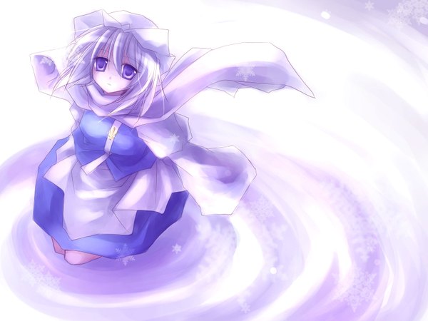 Anime picture 1600x1200 with touhou letty whiterock asahina single looking at viewer fringe short hair hair between eyes purple eyes full body white hair from above girl hat scarf bonnet