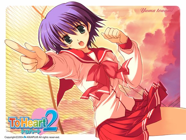 Anime picture 1024x768 with to heart 2 leaf (studio) tonami yuma mitsumi misato single looking at viewer fringe short hair hair between eyes green eyes sky purple hair cloud (clouds) outdoors pleated skirt copyright name character names pointing girl skirt