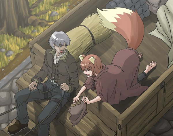 Anime picture 1100x863 with spice and wolf horo craft lawrence brown hair animal ears tail grey hair wolf ears wolf tail wolf girl girl