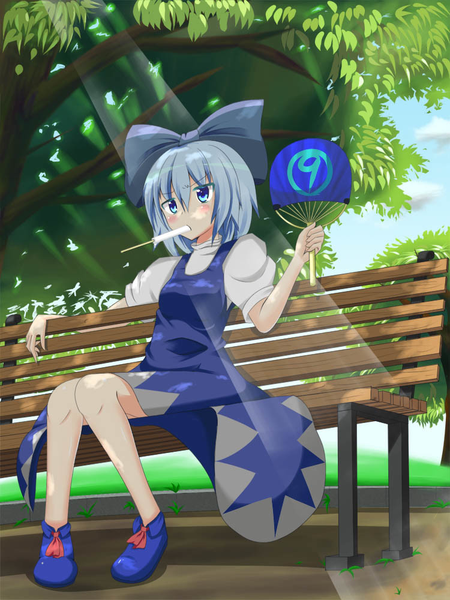 Anime picture 750x1000 with touhou cirno rurikitsune single tall image blush short hair blue eyes sitting blue hair sunlight sunbeam animated apng girl dress plant (plants) tree (trees) food sweets