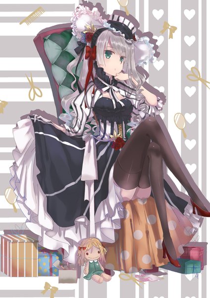 Anime picture 900x1272 with original jne*jing single long hair tall image light erotic sitting green eyes grey hair high heels thighs drill hair cleavage cutout chin rest girl thighhighs dress black thighhighs hat heart