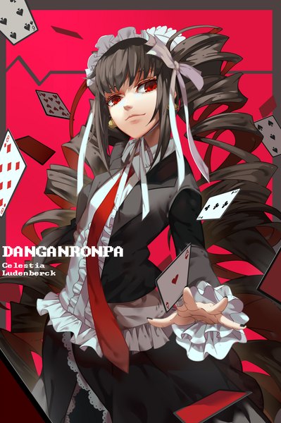 Anime picture 1134x1705 with dangan ronpa celestia ludenberg lightofheaven single long hair tall image looking at viewer black hair simple background red eyes twintails copyright name drill hair red background girl earrings necktie hairband card (cards)