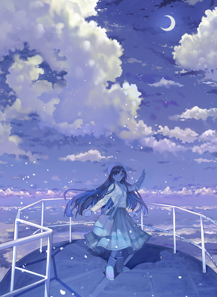 Anime picture 1487x2038 with original arutera single long hair tall image looking at viewer blue eyes black hair sky cloud (clouds) night night sky crescent girl dress moon bag beret