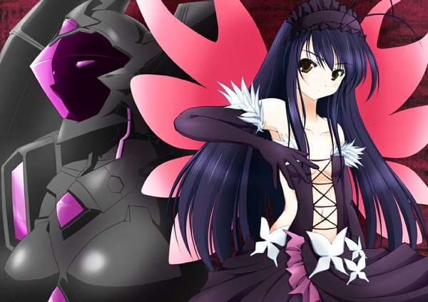 Anime picture 1132x800 with accel world sunrise (studio) kuroyukihime ranshin long hair black hair brown eyes insect wings butterfly wings girl dress gloves elbow gloves headdress